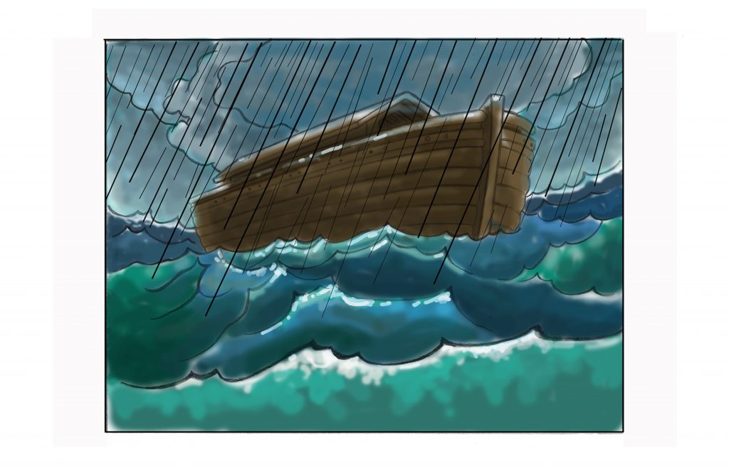 An ark on rough seas in a rain storm