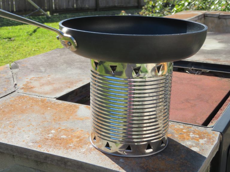 A skillet sitting on a #10 can stove