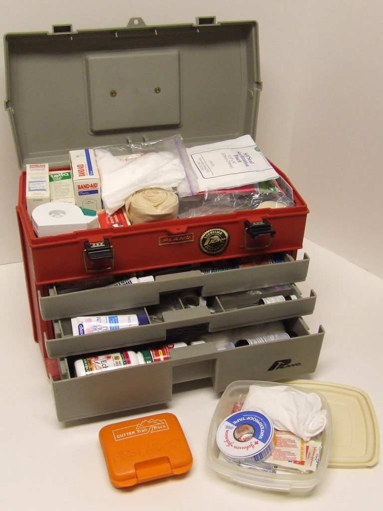 Family First Aid kit in a small tool box